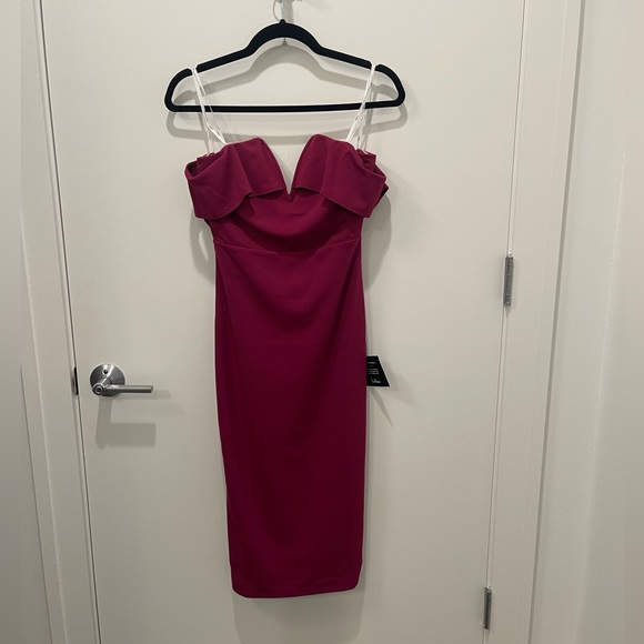 Lulu’s - “My Favorite Night” Magenta Off-the-Shoulder Bodycon Midi Dress - Picture 3 of 4